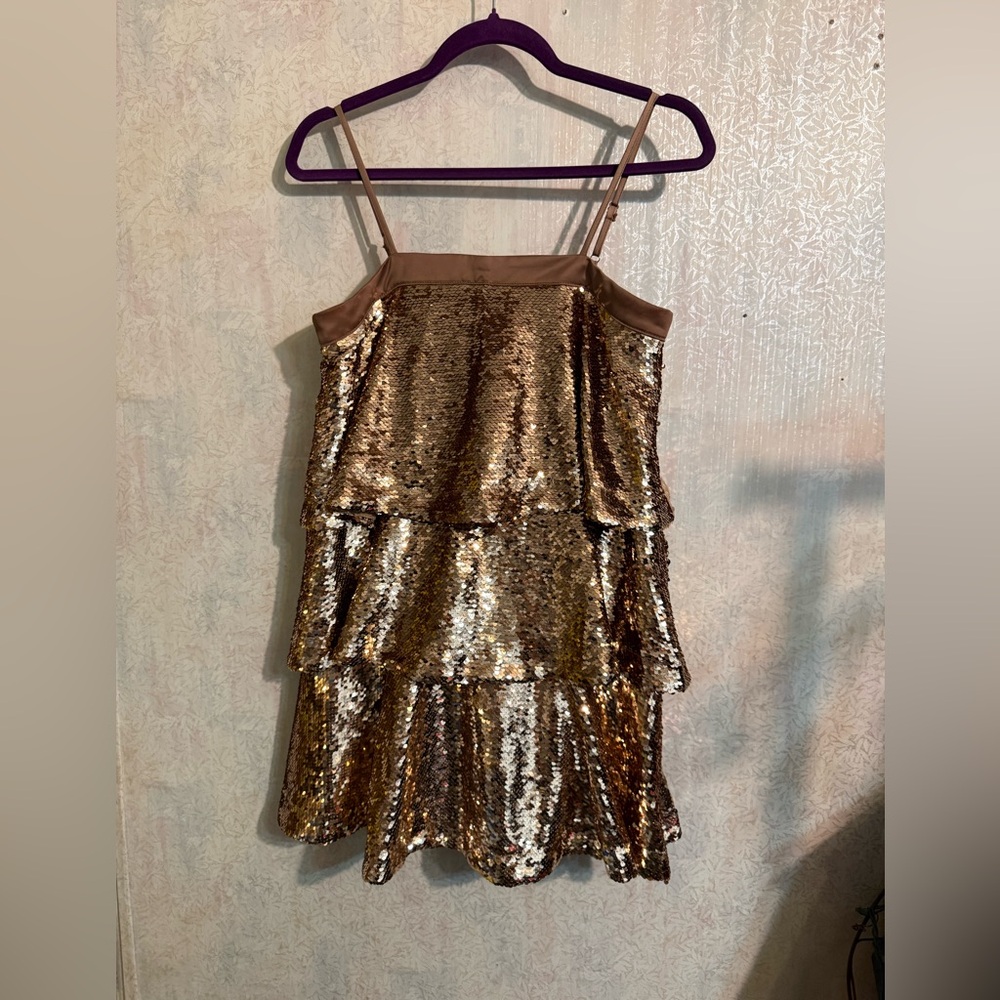 Fashion Nova Tiered Gold Sequin Fully Lined Mini Dress, Perfect For Prom, Party